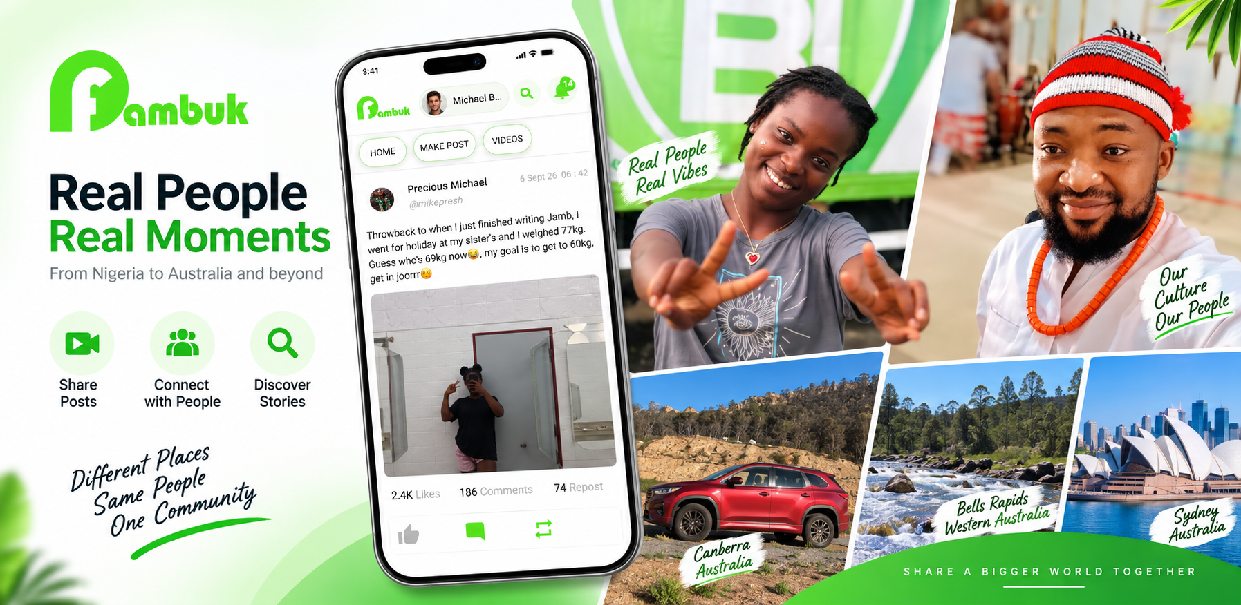 Fambuk social app showing real people, posts and moments